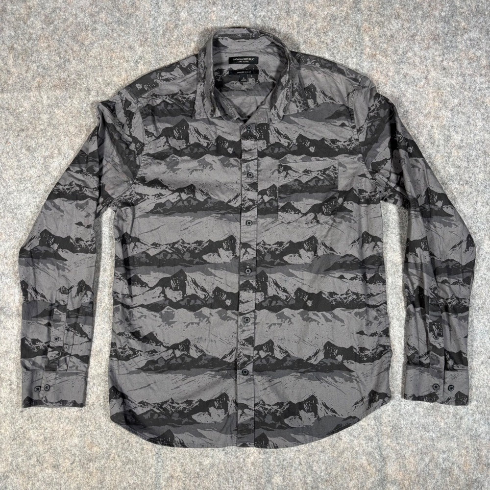 Banana Republic Shirt Mens L Grey Mountain Print Luxe Flannel‎ Slim Fit 512361